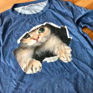 3D Printed Cat Long Sleeve Top Blue M